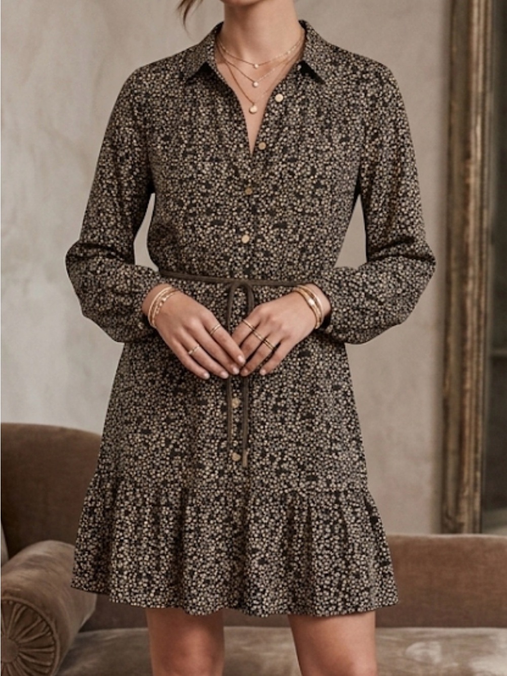 Draper James RSVP Black Tan Leaf Print Button Front Ruffle Hem Dress Medium